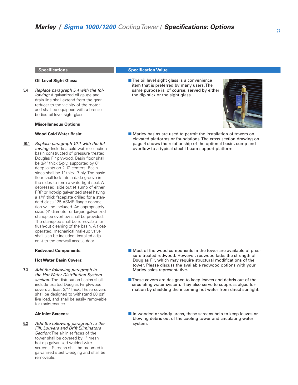 Marley, Specifications: options | SPX Cooling Technologies 1000 User Manual | Page 27 / 32
