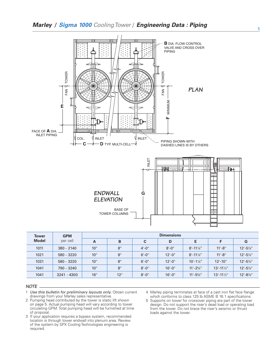 Plan, Endwall elevation, Marley | Sigma 1000 cooling tower, Engineering data : piping | SPX Cooling Technologies 1000 User Manual | Page 5 / 32