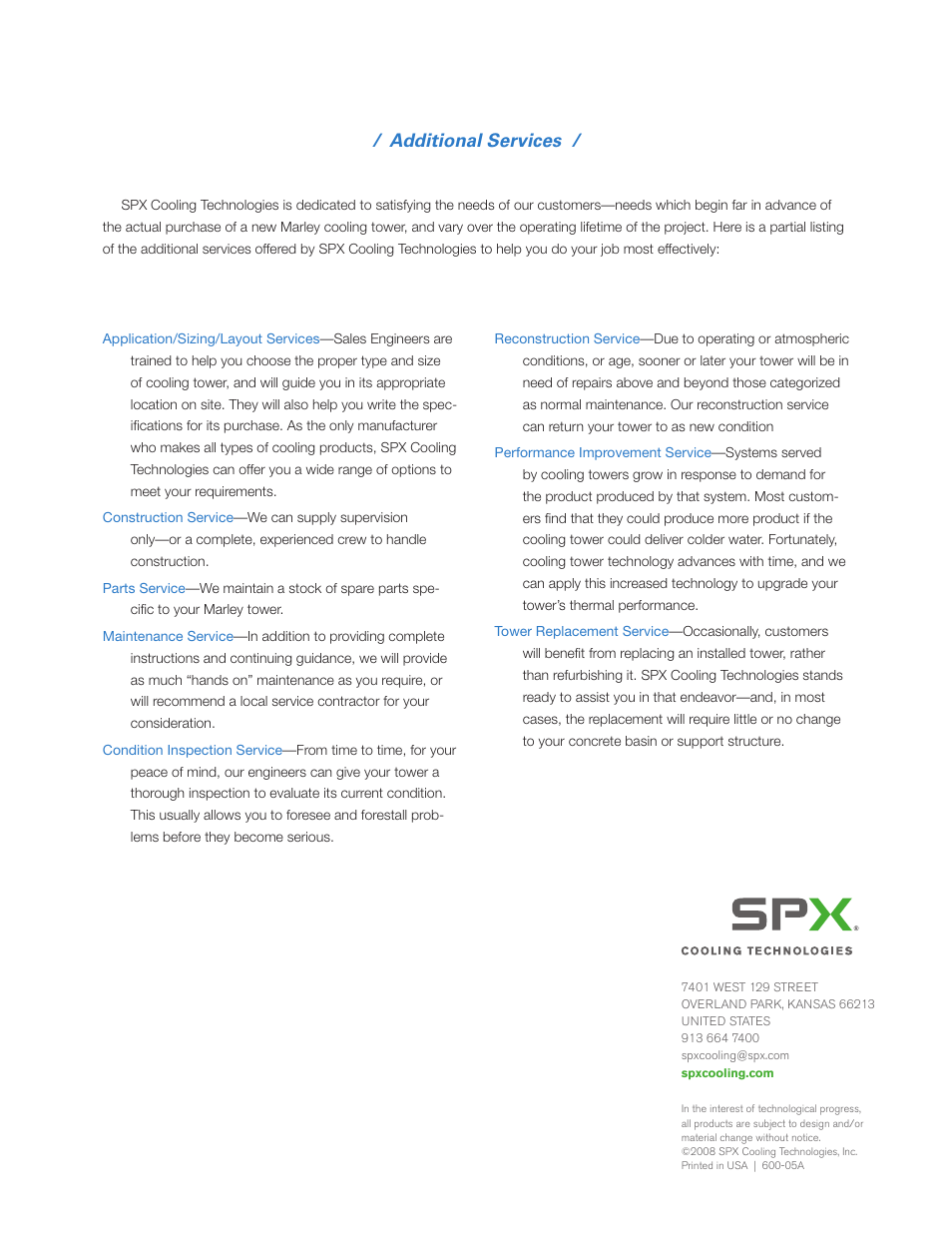 Additional services | SPX Cooling Technologies Cooling Tower 600 User Manual | Page 12 / 12