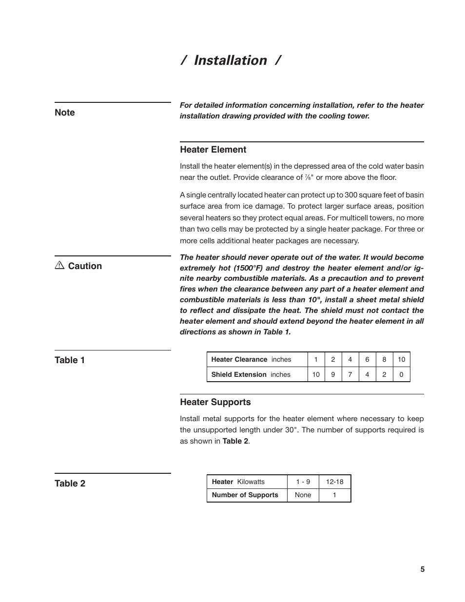 Installation, Heater element, Table 1 table 2 | SPX Cooling Technologies 92-1322C User Manual | Page 5 / 16