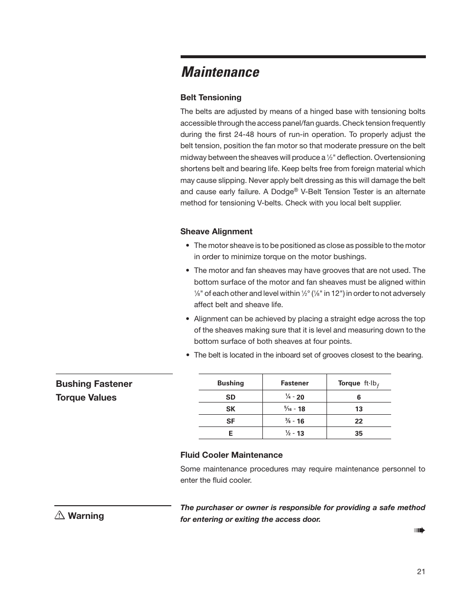 Maintenance, Warning, Bushing fastener torque values | Belt tensioning, Sheave alignment, Fluid cooler maintenance | SPX Cooling Technologies Fluid Cooler Marley MC User Manual | Page 21 / 32