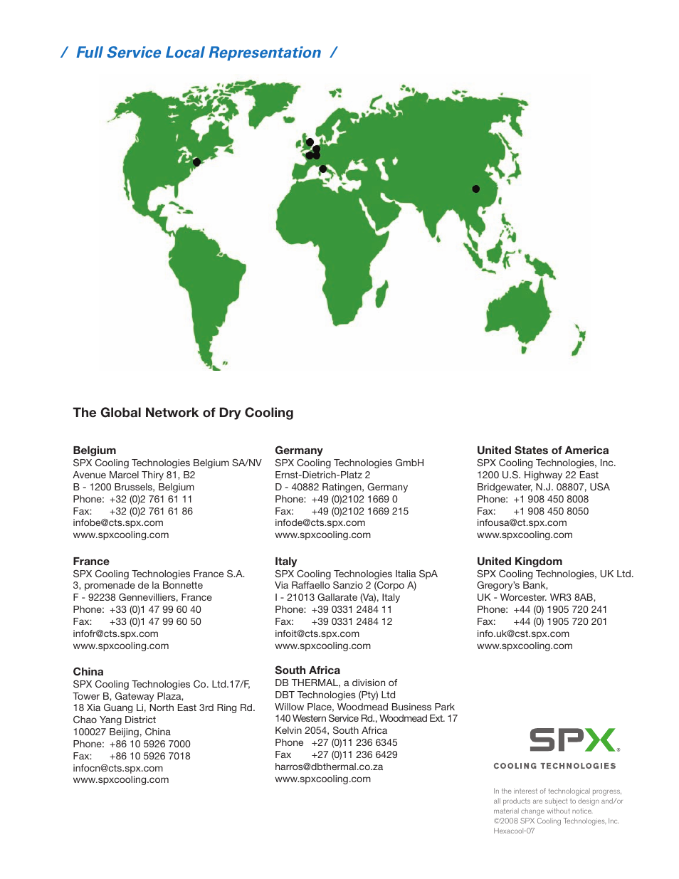 Full service local representation, The global network of dry cooling | SPX Cooling Technologies Hexacool Air Cooled Condenser none User Manual | Page 4 / 4