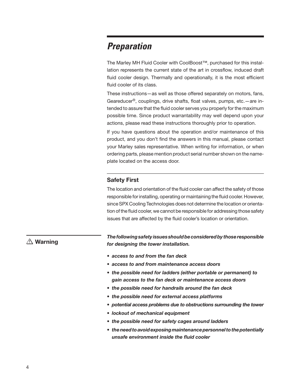 Preparation | SPX Cooling Technologies Marley MH 05-116E User Manual | Page 4 / 36