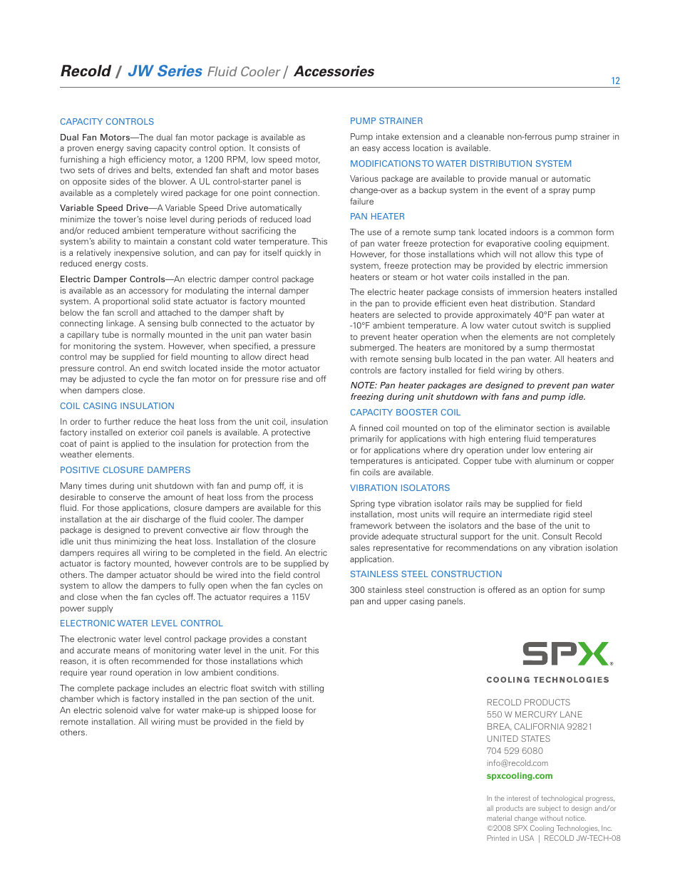 Recold, Jw series, Accessories | Fluid cooler | SPX Cooling Technologies Recold JW Series User Manual | Page 12 / 12