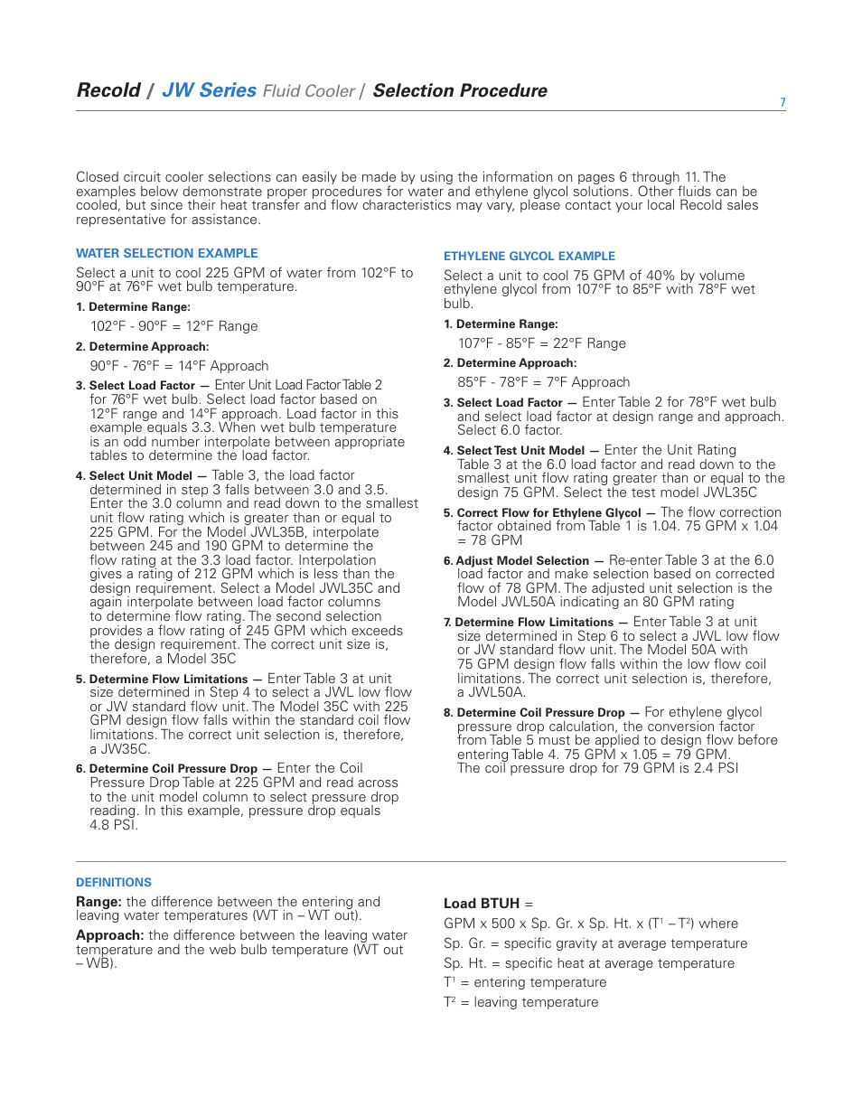 Recold, Jw series, Selection procedure | SPX Cooling Technologies Recold JW Series User Manual | Page 7 / 12
