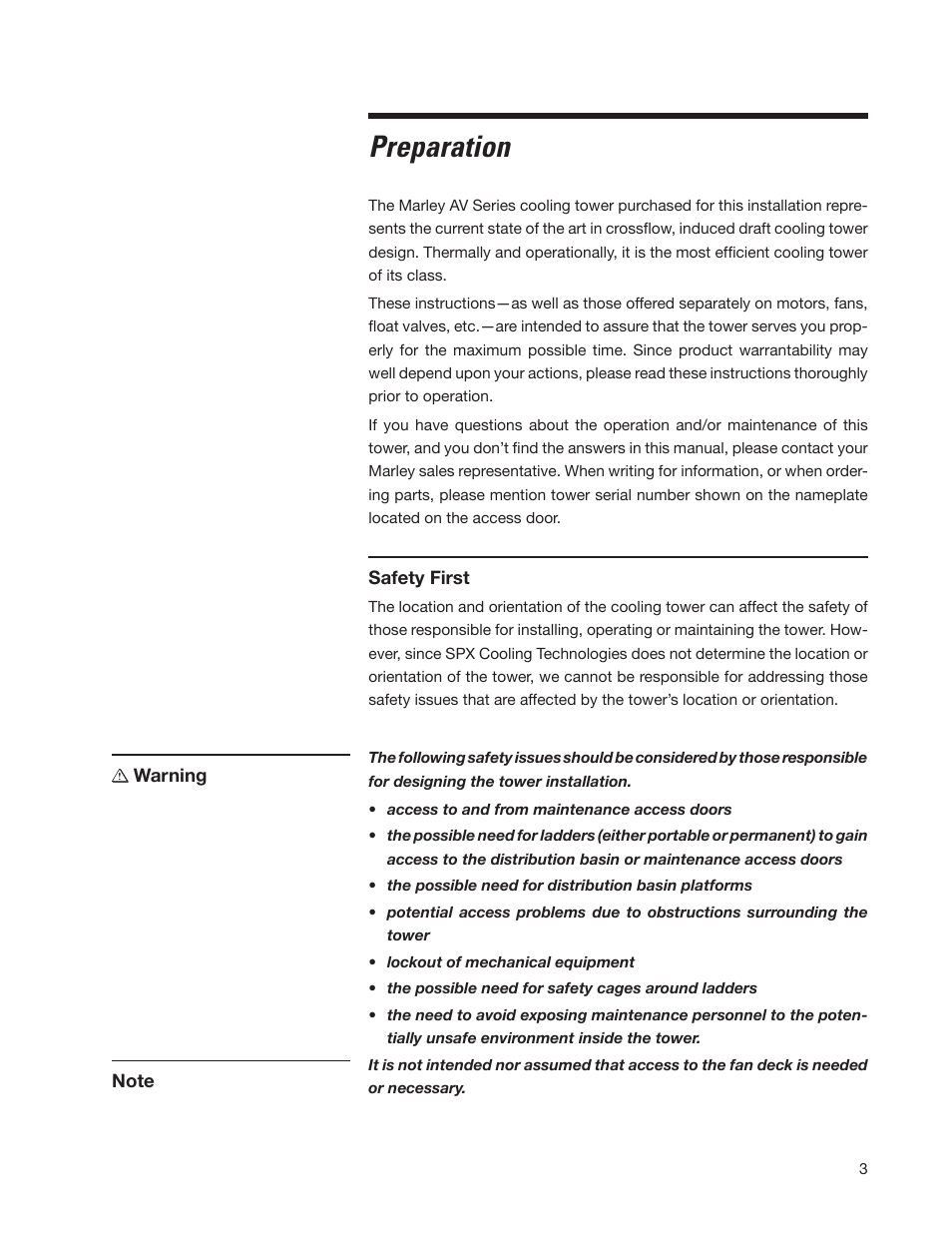 Preparation | SPX Cooling Technologies MARLEY AV 98-1514E User Manual | Page 3 / 32