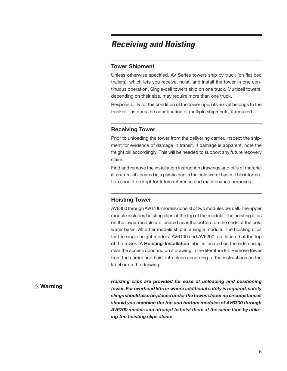 Receiving and hoisting | SPX Cooling Technologies MARLEY AV 98-1514E User Manual | Page 5 / 32