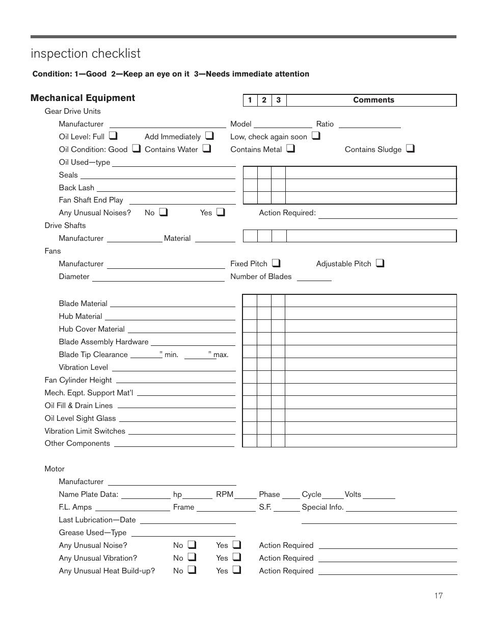 Inspection checklist | SPX Cooling Technologies MARLEY CLASS F400 User Manual | Page 17 / 20