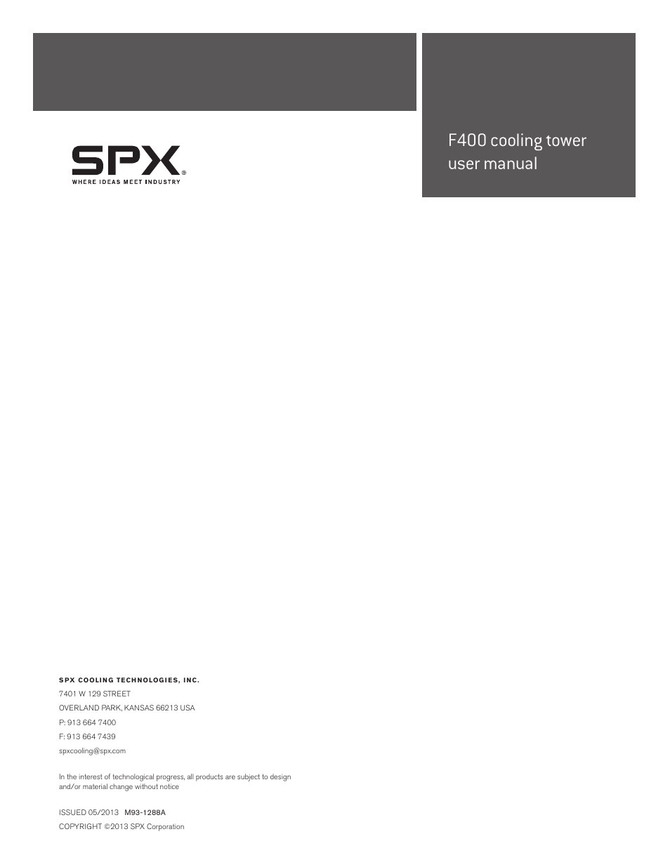 F400 cooling tower user manual | SPX Cooling Technologies MARLEY CLASS F400 User Manual | Page 20 / 20