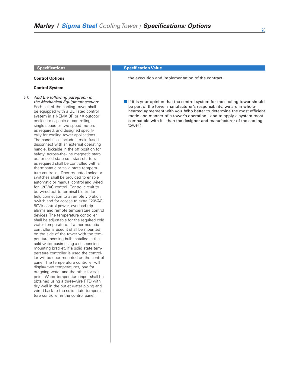 Marley, Sigma steel cooling tower, Specifications: options | SPX Cooling Technologies Marley Sigma Steel User Manual | Page 20 / 28