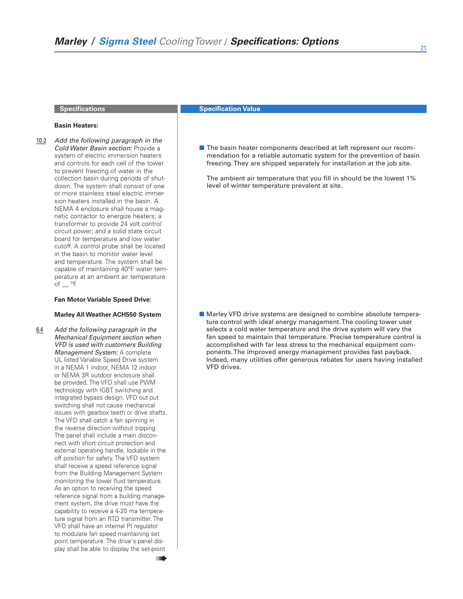 Marley, Sigma steel cooling tower, Specifications: options | SPX Cooling Technologies Marley Sigma Steel User Manual | Page 21 / 28