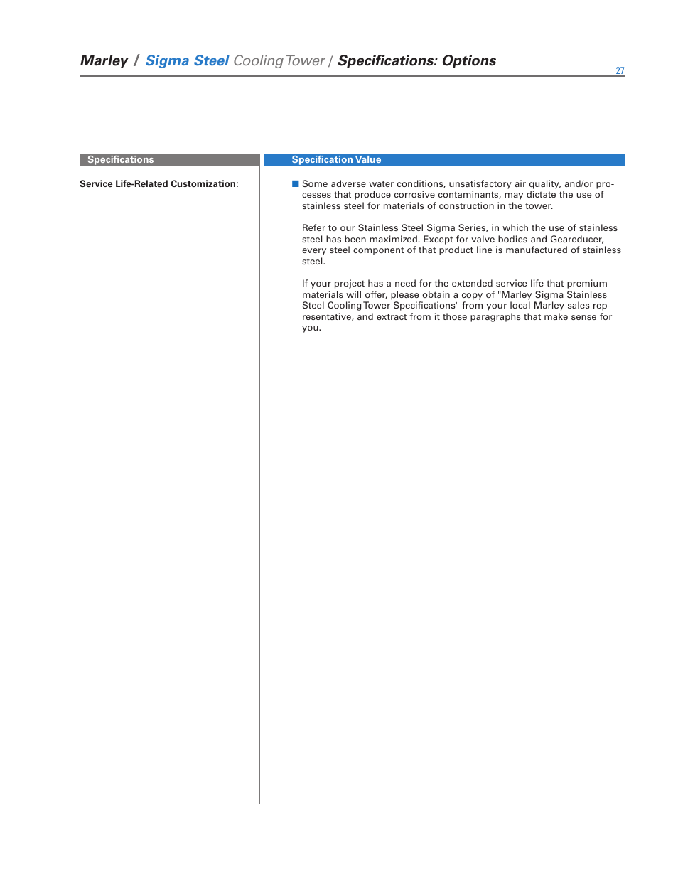 Marley, Sigma steel cooling tower, Specifications: options | SPX Cooling Technologies Marley Sigma Steel User Manual | Page 27 / 28