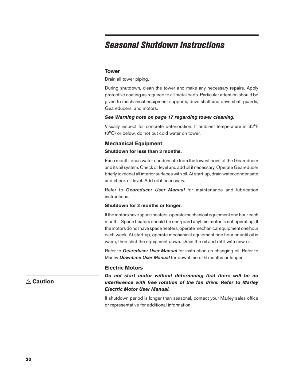 Seasonal shutdown instructions | SPX Cooling Technologies MARLEY CLASS 800 User Manual | Page 20 / 28