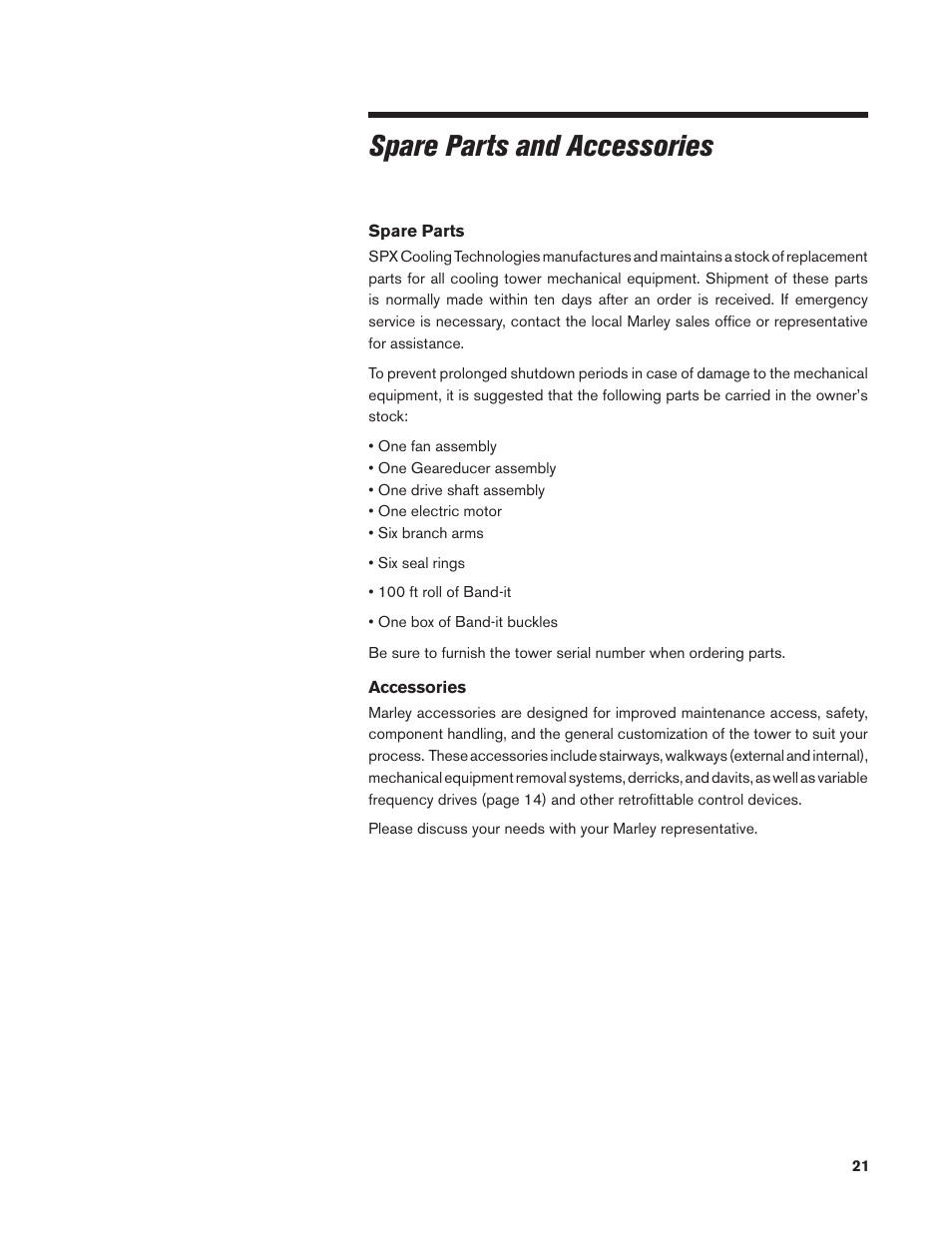 Spare parts and accessories | SPX Cooling Technologies MARLEY CLASS 800 User Manual | Page 21 / 28