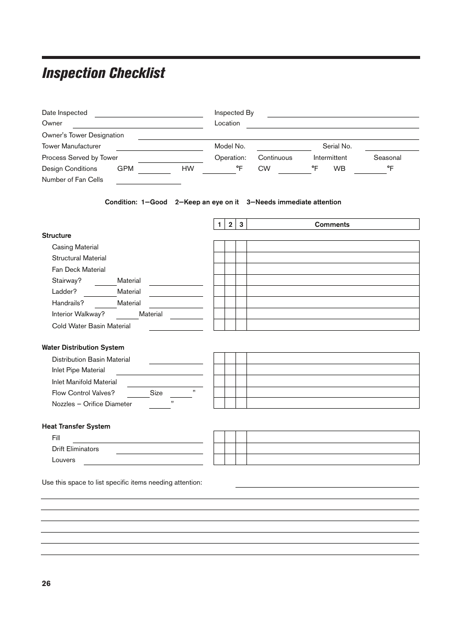 Inspection checklist | SPX Cooling Technologies MARLEY CLASS 800 User Manual | Page 26 / 28