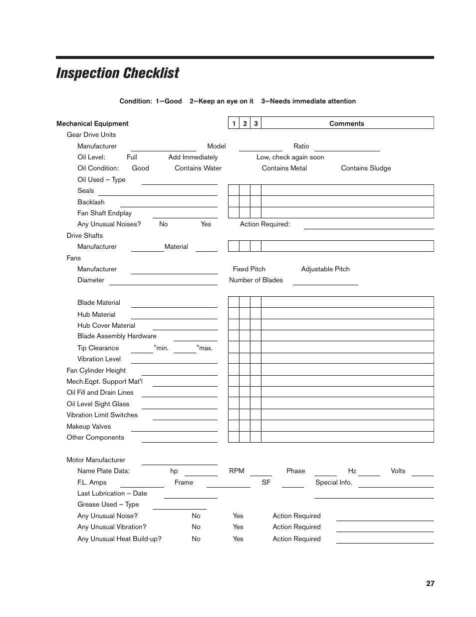 Inspection checklist | SPX Cooling Technologies MARLEY CLASS 800 User Manual | Page 27 / 28