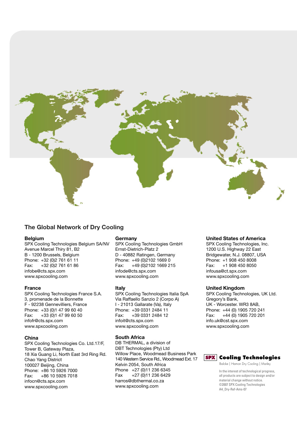 The global network of dry cooling | SPX Cooling Technologies Air Cooled Condensers User Manual | Page 4 / 4