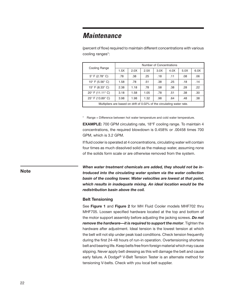 Maintenance, Belt tensioning | SPX Cooling Technologies Marley MH Fluid Cooler User Manual | Page 22 / 36