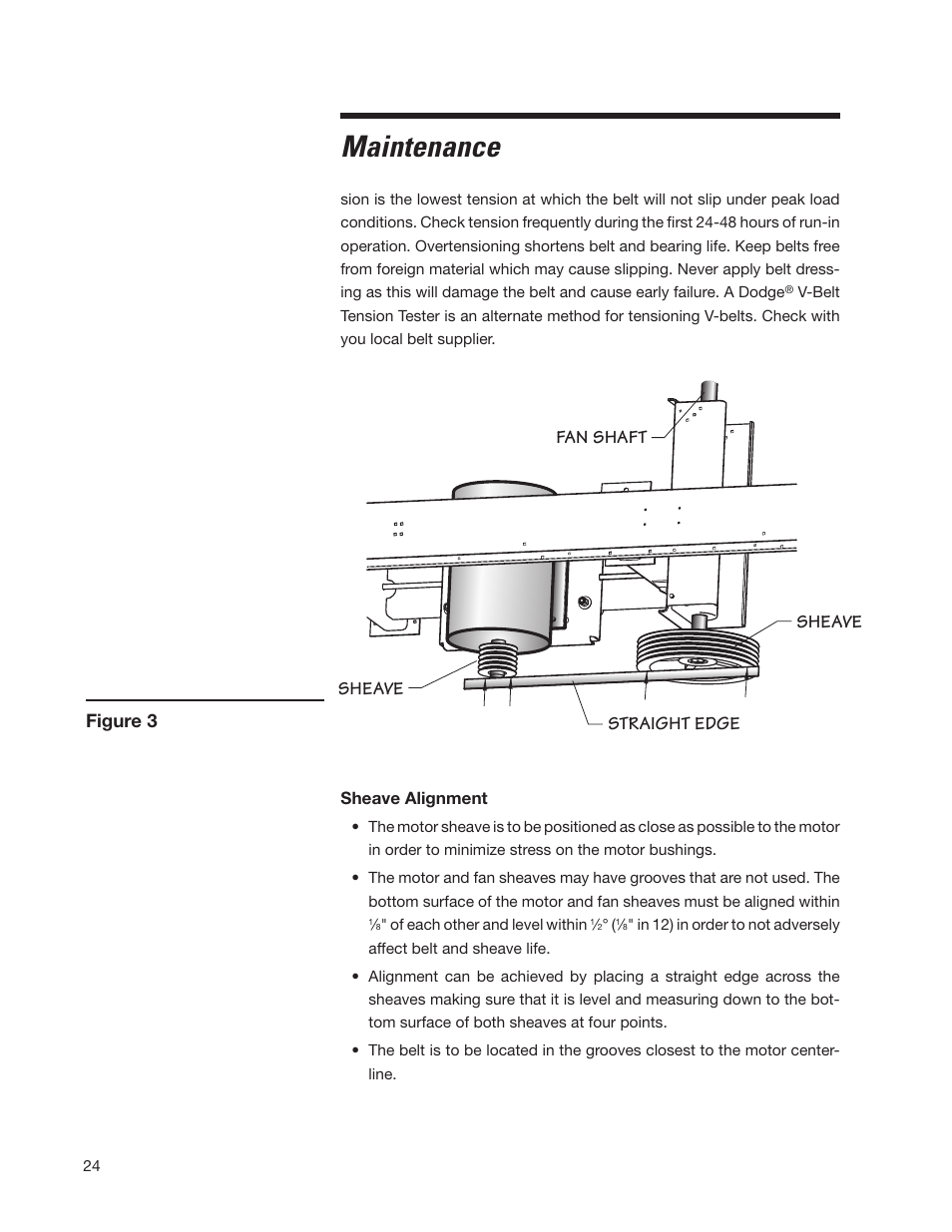Maintenance, Figure 3 sheave fan shaft sheave straight edge | SPX Cooling Technologies Marley MH Fluid Cooler User Manual | Page 24 / 36