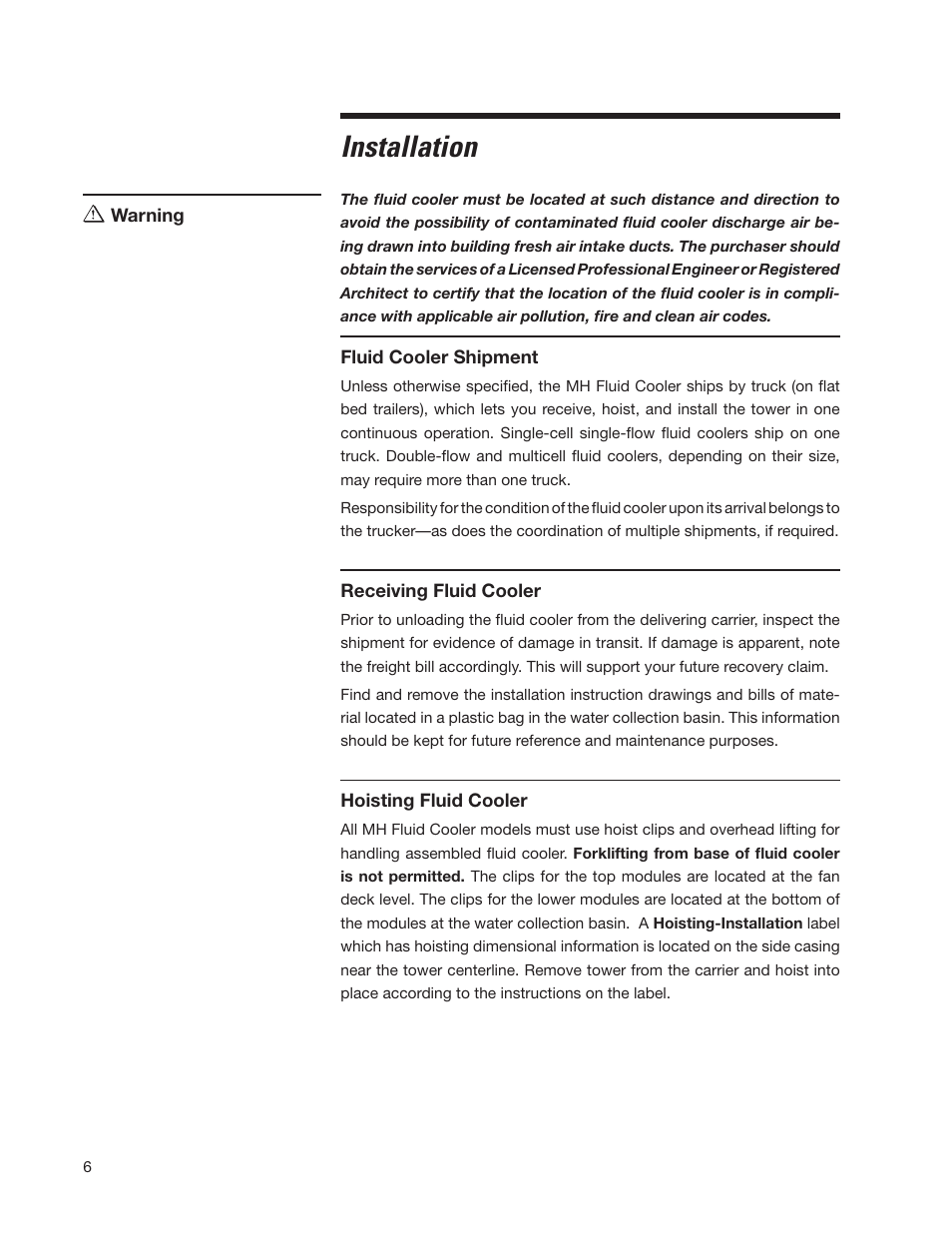 Installation | SPX Cooling Technologies Marley MH Fluid Cooler User Manual | Page 6 / 36