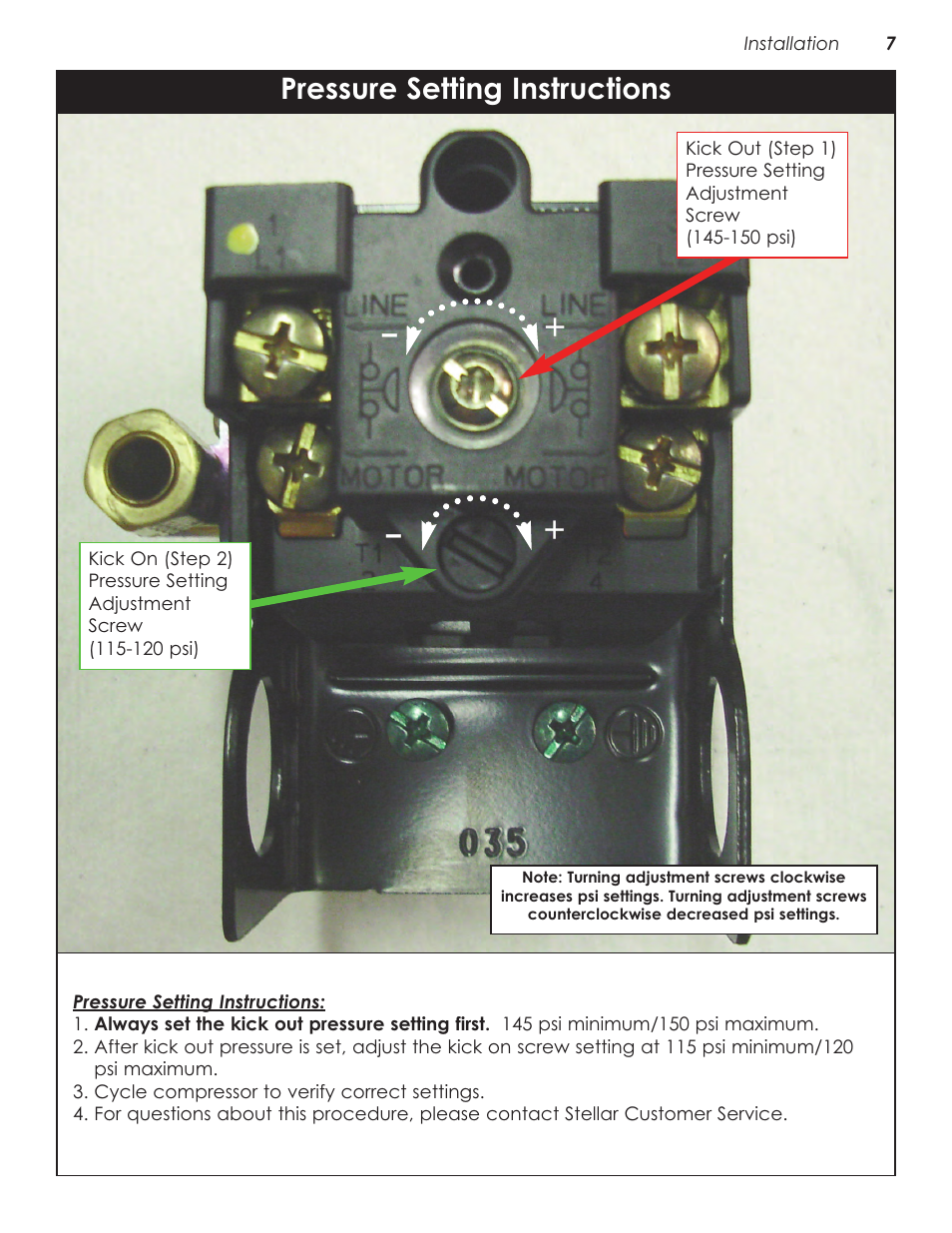 Pressure setting instructions | Stellar Industries V480 User Manual | Page 11 / 30