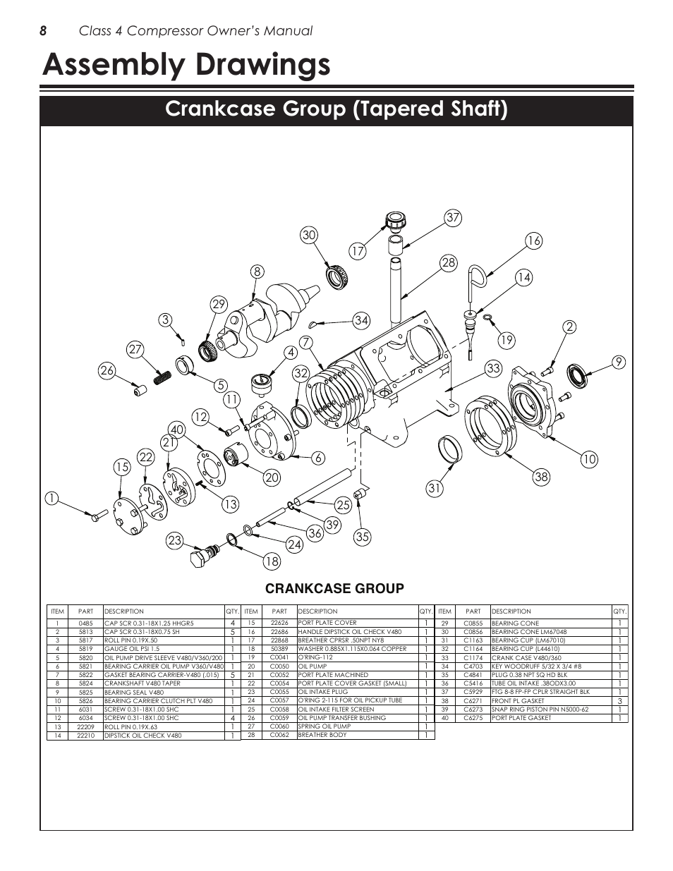 Assembly drawings, Crankcase group (tapered shaft), Crankcase group | 8class 4 compressor owner’s manual | Stellar Industries V480 User Manual | Page 12 / 30