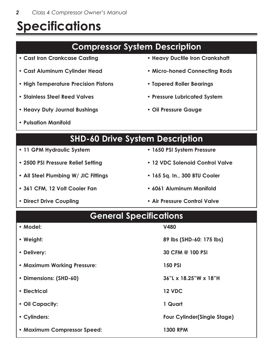 Specifications, General specifications, Compressor system description | Shd-60 drive system description | Stellar Industries V480 User Manual | Page 6 / 30