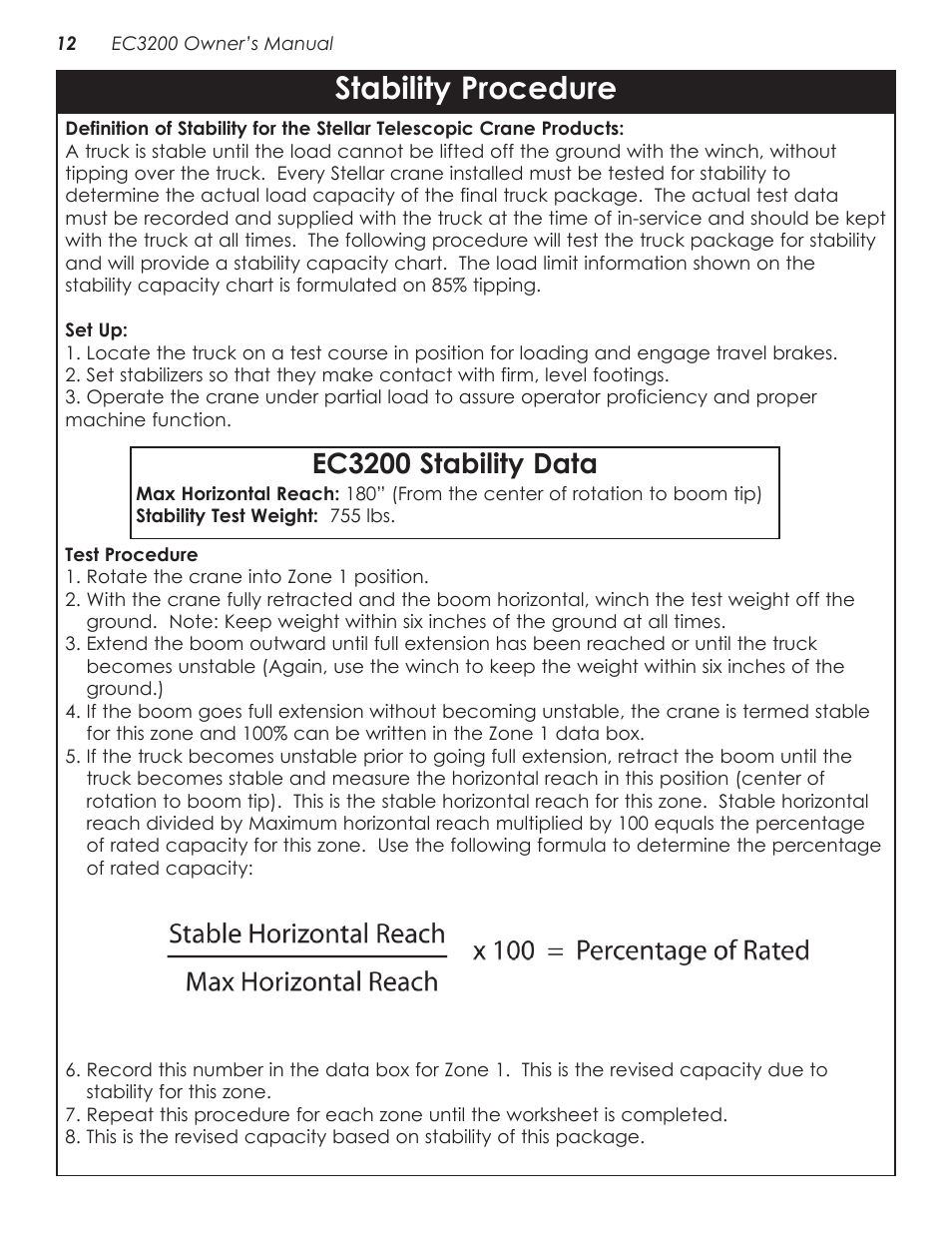 Stability procedure, Ec3200 stability data | Stellar Industries CRANE EC3200 User Manual | Page 16 / 28