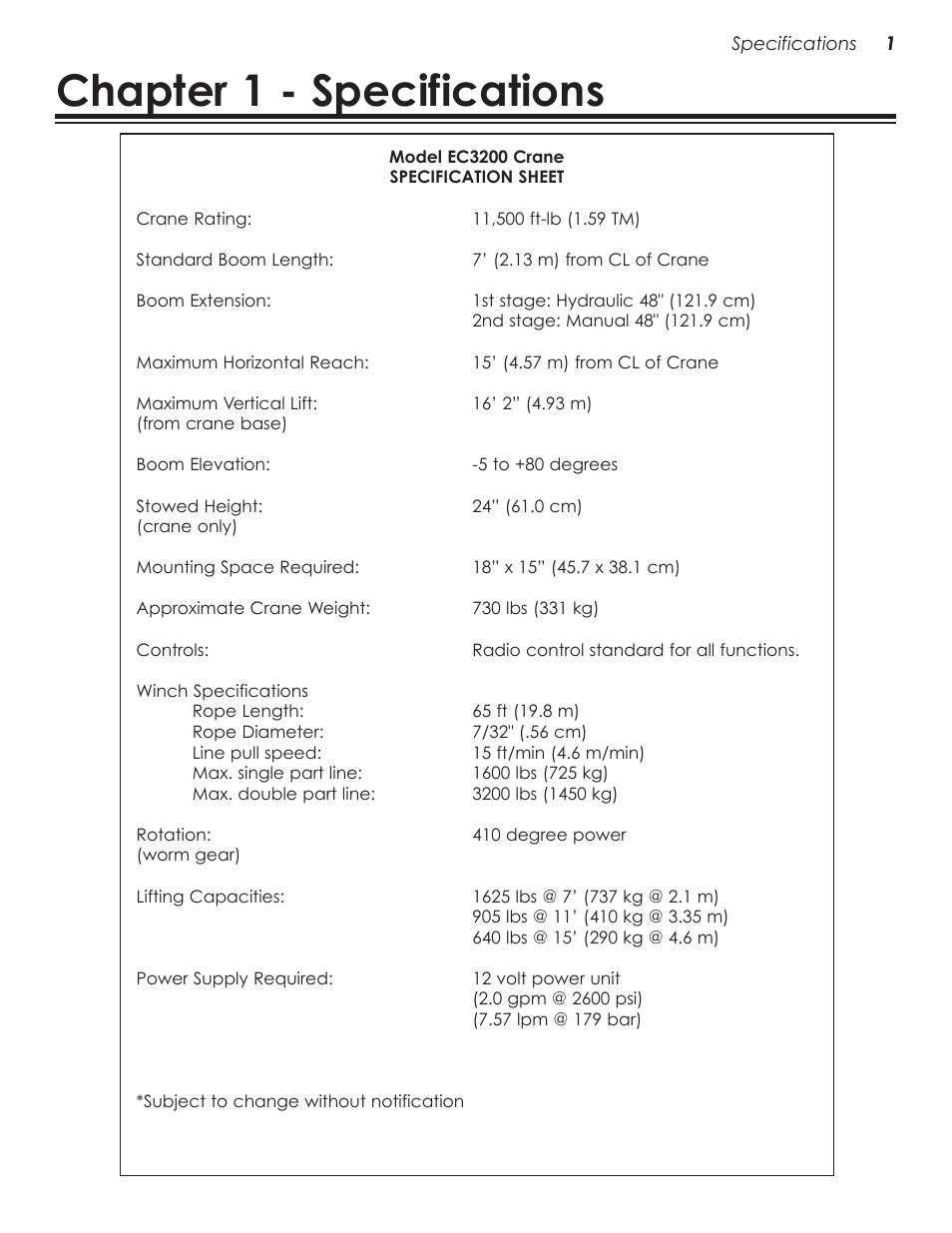 Chapter 1 - specifications | Stellar Industries CRANE EC3200 User Manual | Page 5 / 28