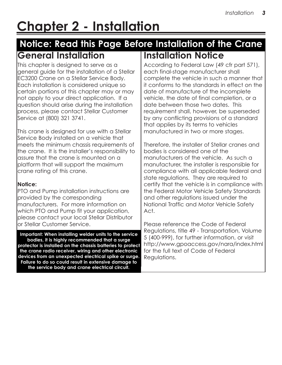 Chapter 2 - installation, General installation, Installation notice | Stellar Industries CRANE EC3200 User Manual | Page 7 / 28