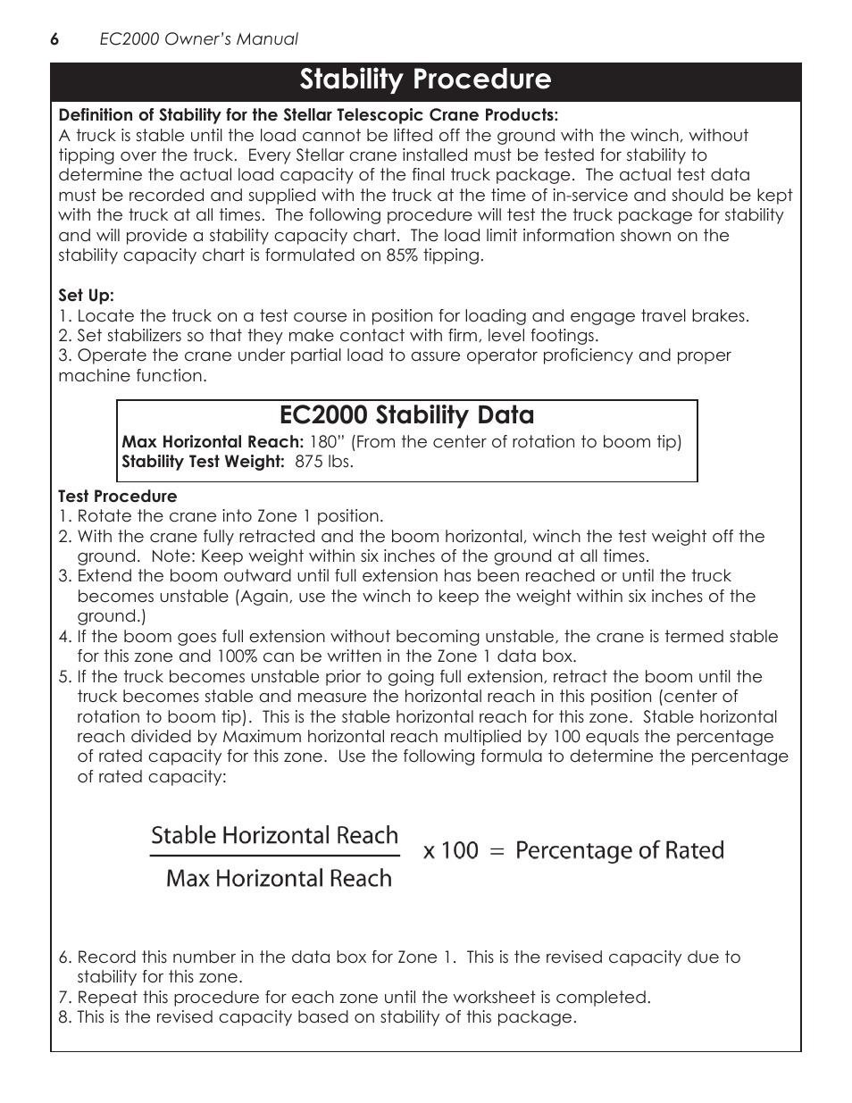 Stability procedure, Stability capacity chart, Ec2000 stability data | Stellar Industries TELESCOPIC CRANE EC2000 User Manual | Page 10 / 22