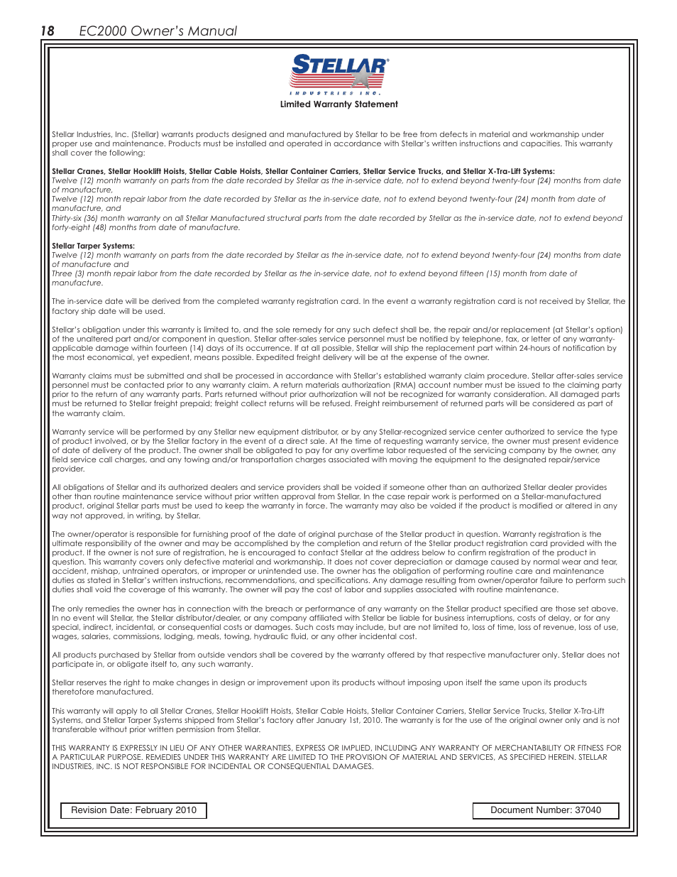Stellar Industries TELESCOPIC CRANE EC2000 User Manual | Page 22 / 22