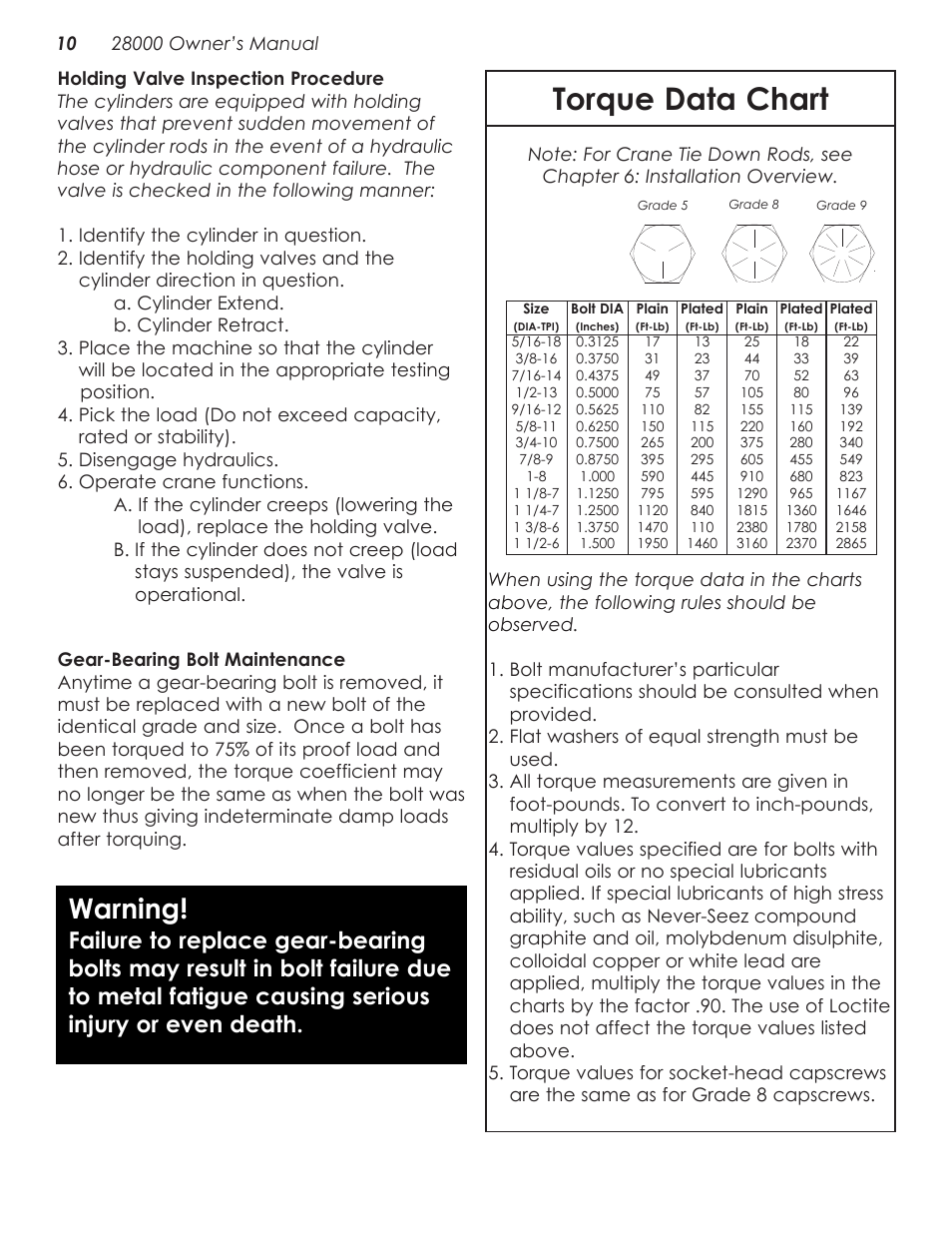 Torque data chart, Warning | Stellar Industries 28000 User Manual | Page 14 / 58