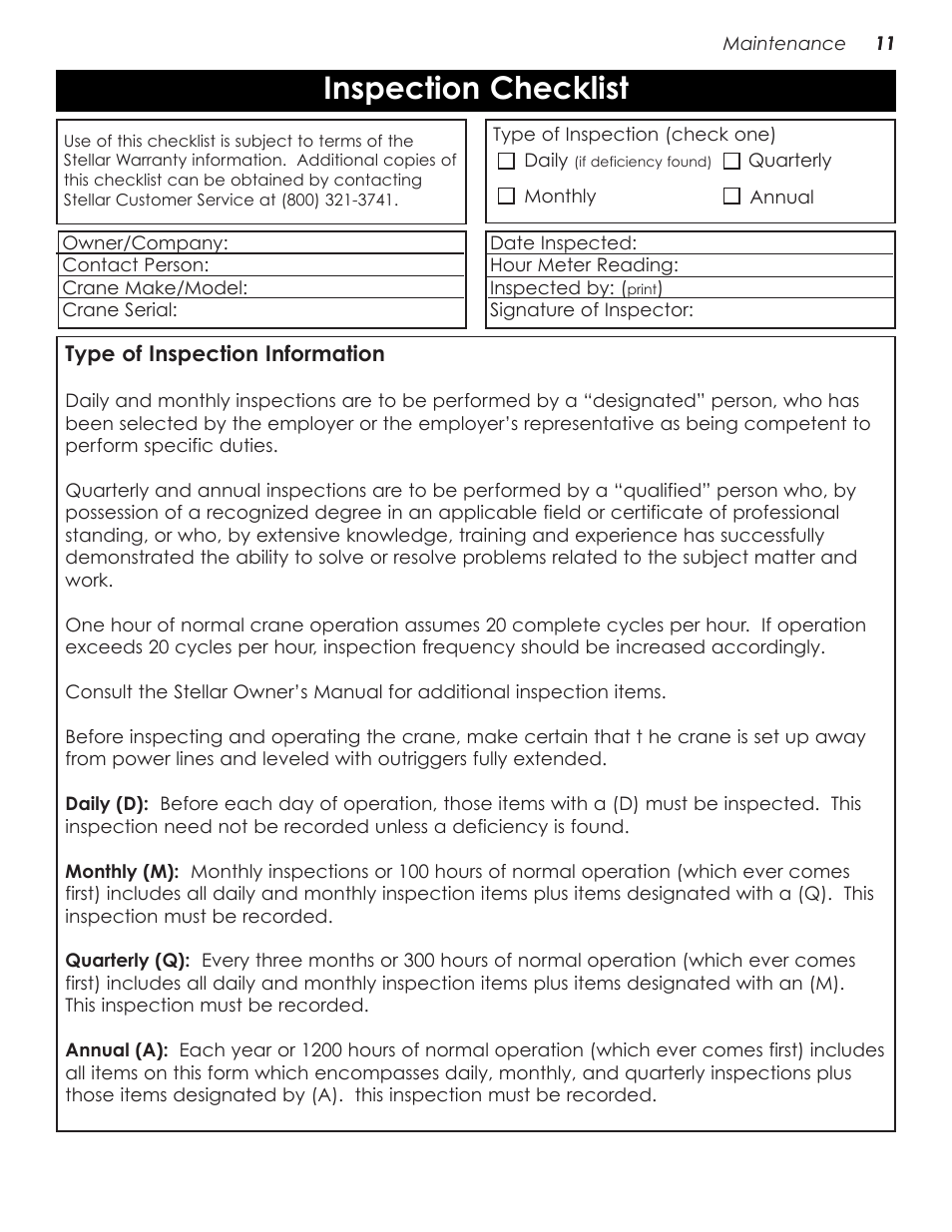 Inspection checklist | Stellar Industries 28000 User Manual | Page 15 / 58