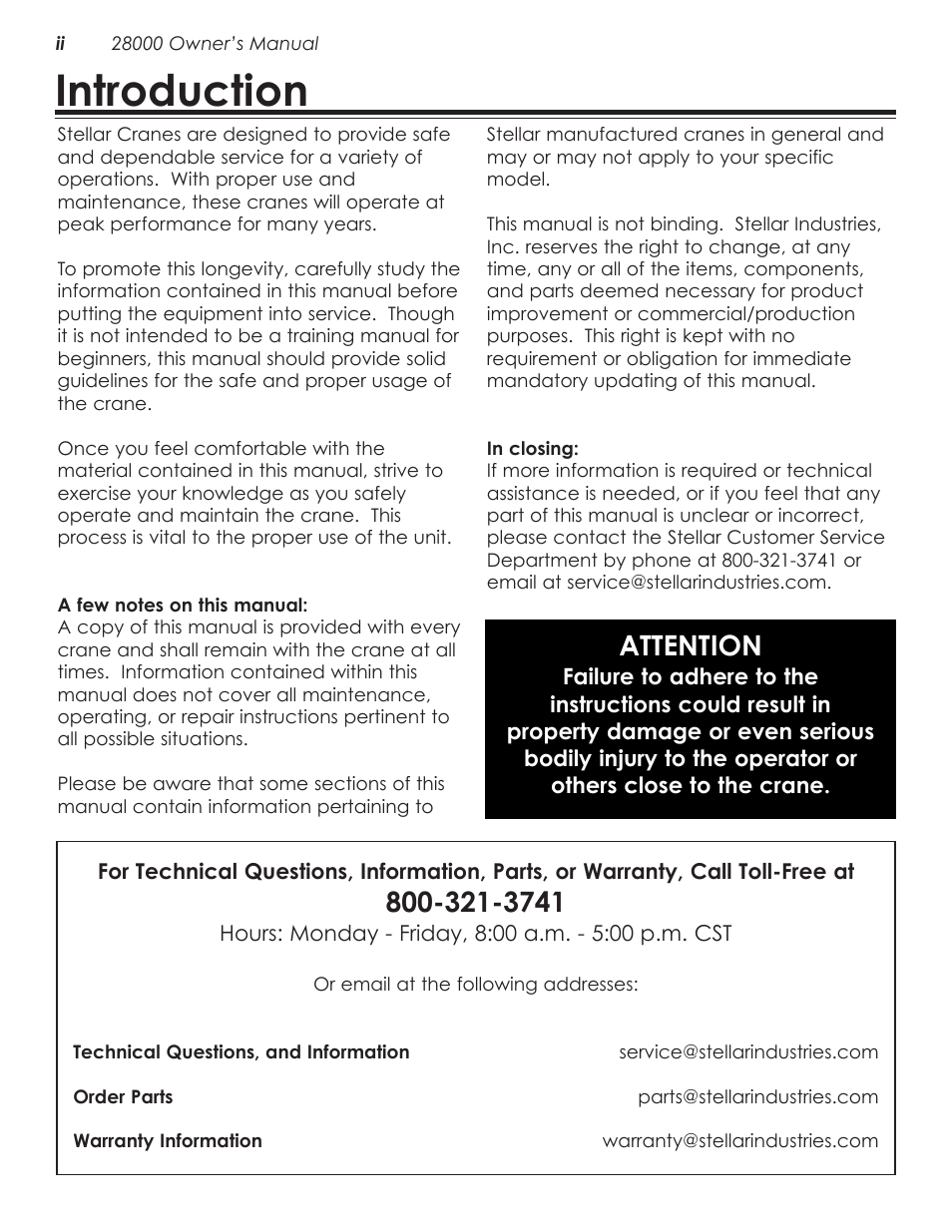 Introduction, Attention | Stellar Industries 28000 User Manual | Page 4 / 58