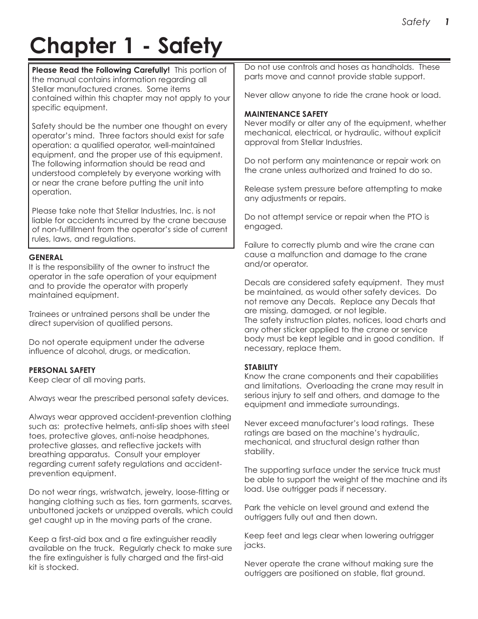 Chapter 1 - safety | Stellar Industries 28000 User Manual | Page 5 / 58