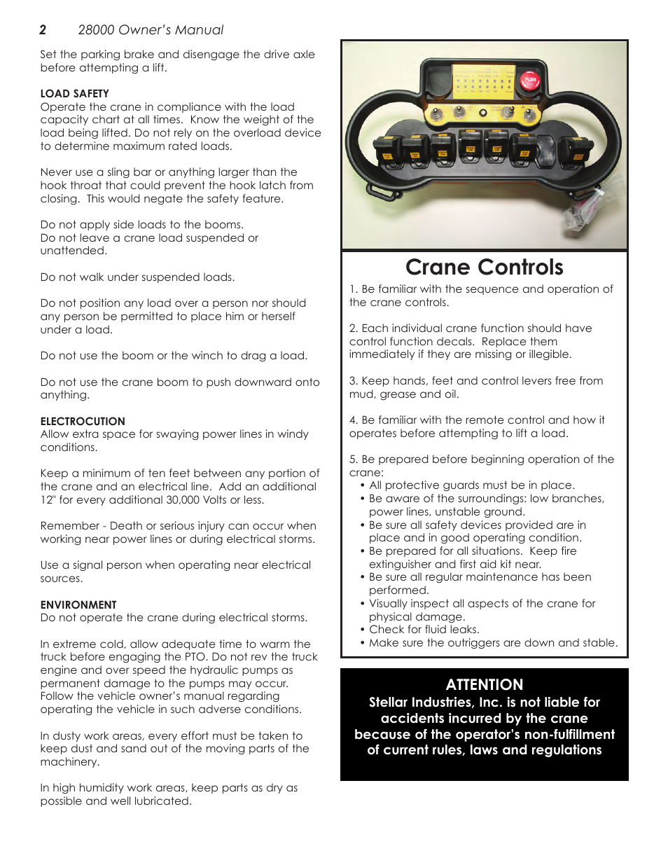 Crane controls, Attention | Stellar Industries 28000 User Manual | Page 6 / 58