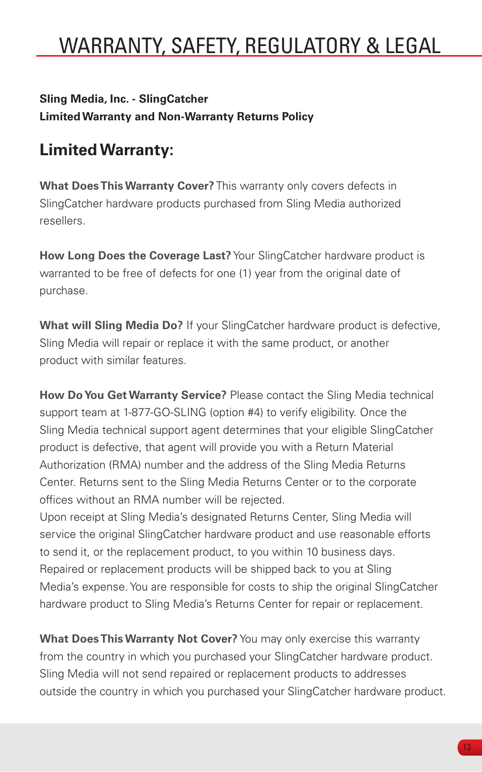 Warranty, safety, regulatory & legal, Limited warranty | Sling Media SlingCatcher KSAFF0500400W1US User Manual | Page 15 / 24