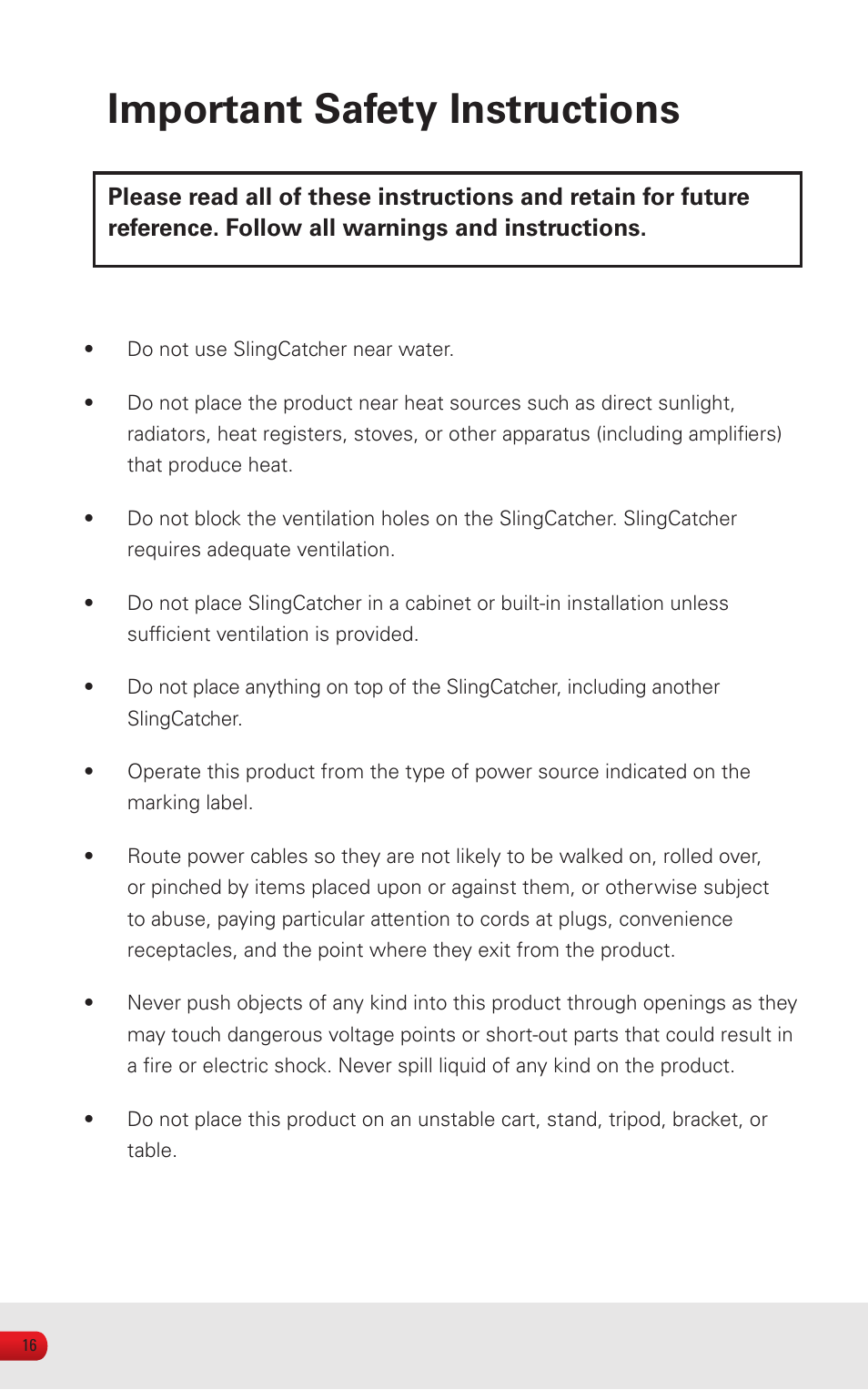 Important safety instructions | Sling Media SlingCatcher KSAFF0500400W1US User Manual | Page 18 / 24