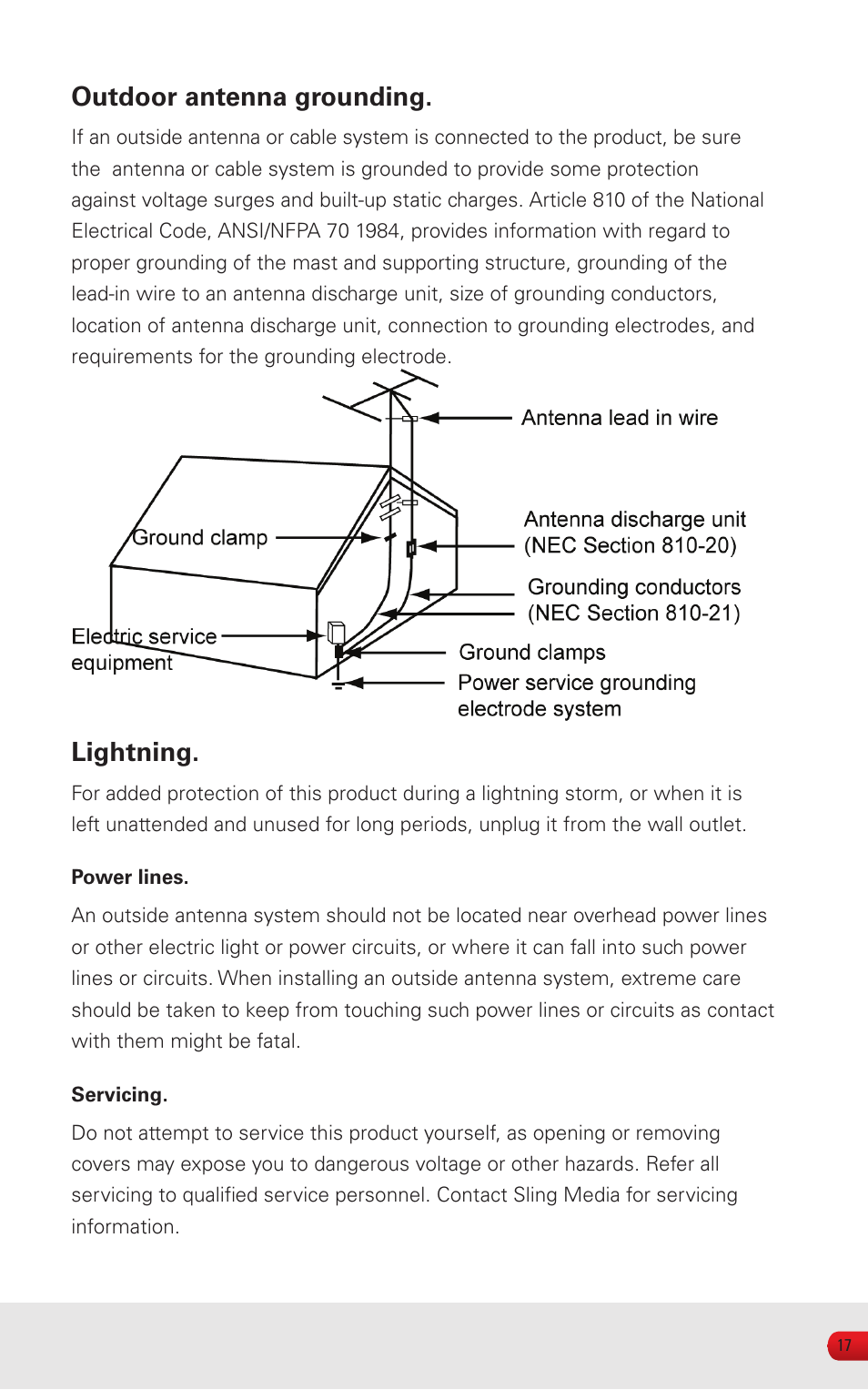 Outdoor antenna grounding, Lightning | Sling Media SlingCatcher KSAFF0500400W1US User Manual | Page 19 / 24