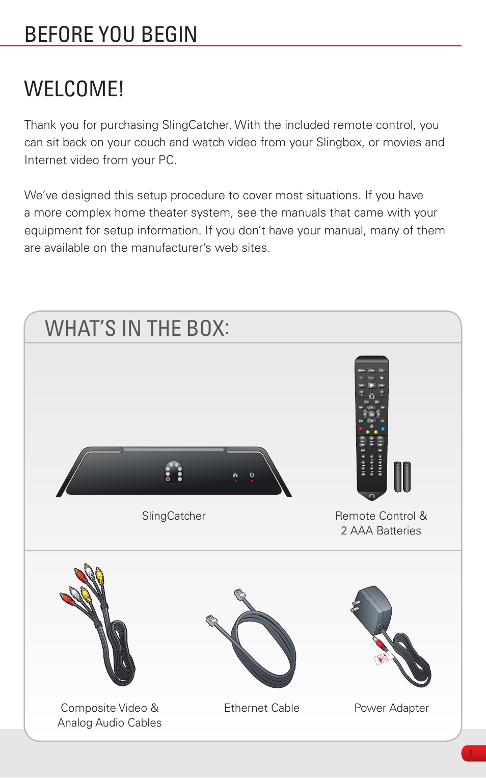 What’s in the box, Welcome, Before you begin | Sling Media SlingCatcher KSAFF0500400W1US User Manual | Page 3 / 24