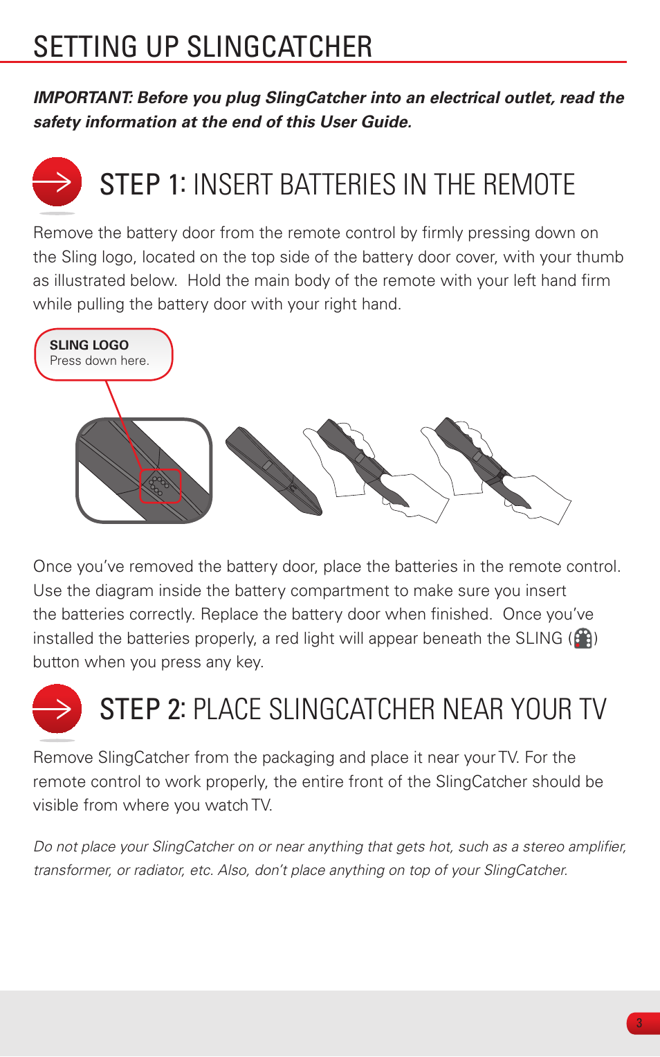 Step 1: insert batteries in the remote | Sling Media SlingCatcher KSAFF0500400W1US User Manual | Page 5 / 24
