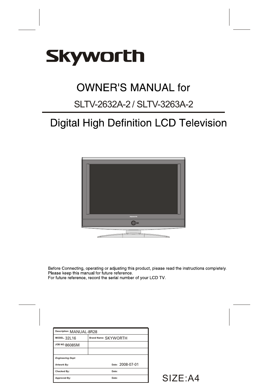 Skyworth SLTV-2632A-2 User Manual | 37 pages