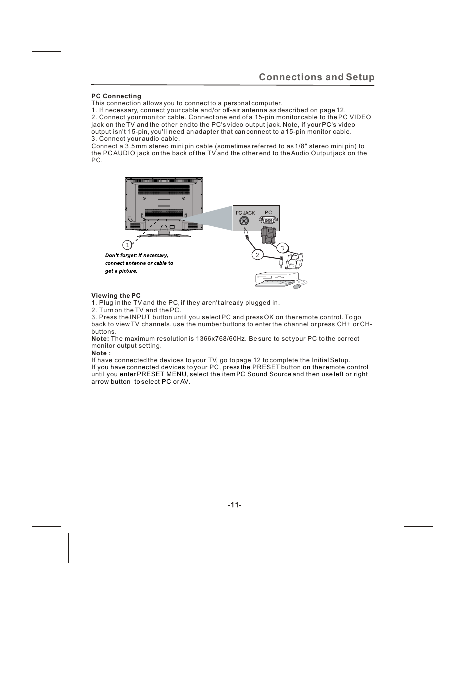 Connections and setup | Skyworth SLTV-2632A-2 User Manual | Page 12 / 37