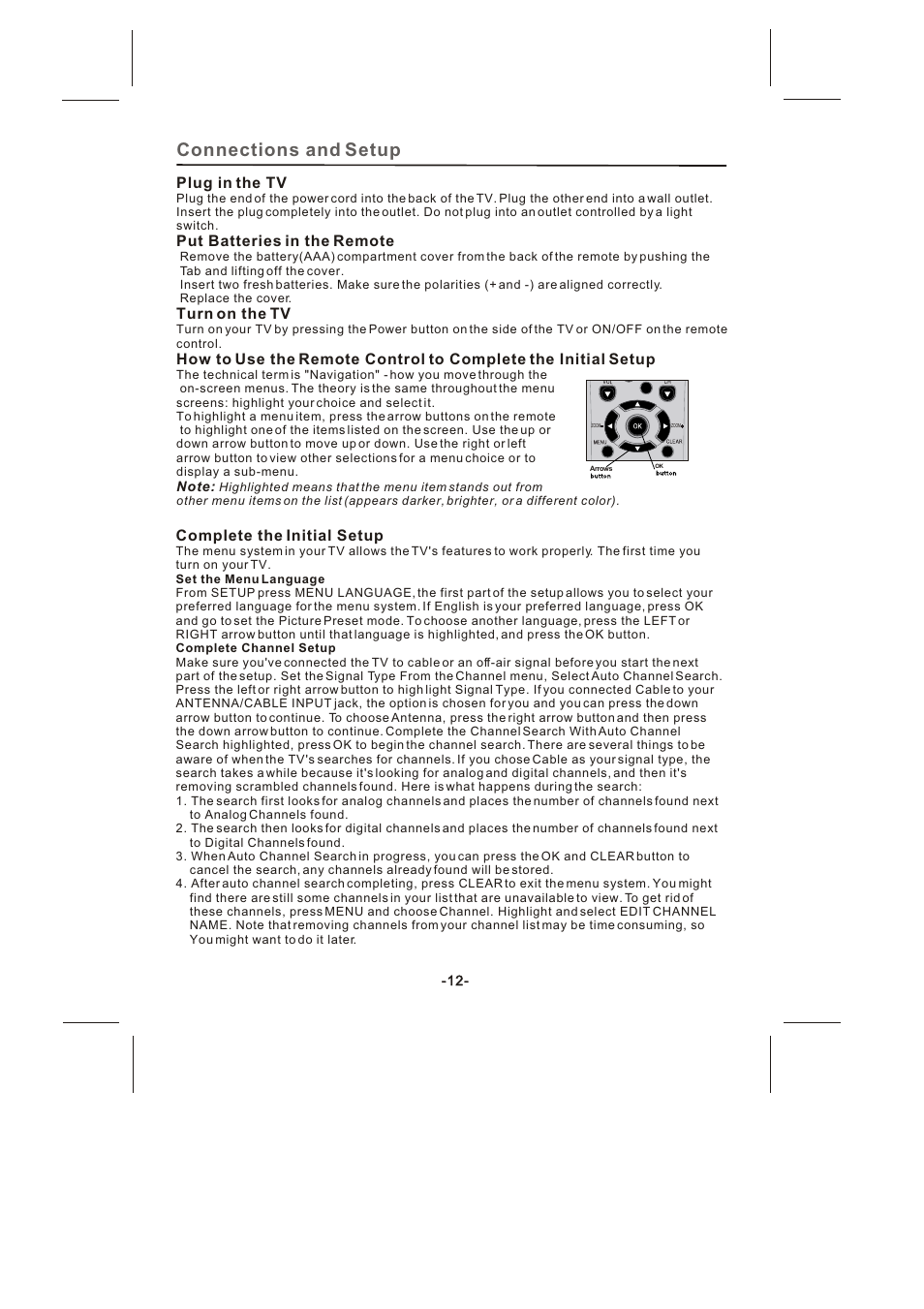 Connections and setup, Plug in the tv, Put batteries in the remote | Turn on the tv, Complete the initial setup | Skyworth SLTV-2632A-2 User Manual | Page 13 / 37