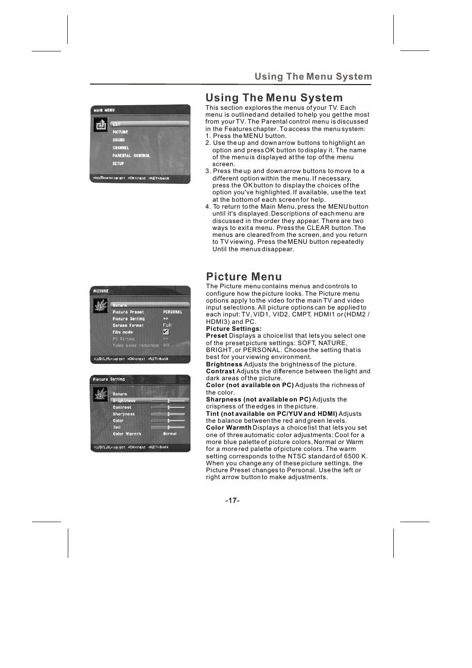 Using the menu system, Picture menu | Skyworth SLTV-2632A-2 User Manual | Page 18 / 37