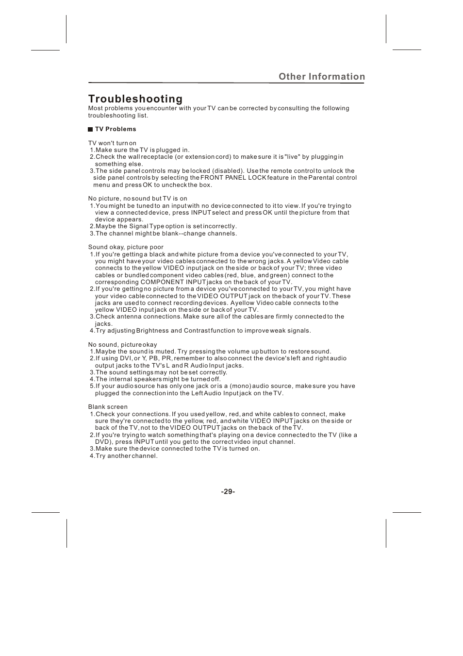 Troubleshooting, Other information | Skyworth SLTV-2632A-2 User Manual | Page 30 / 37