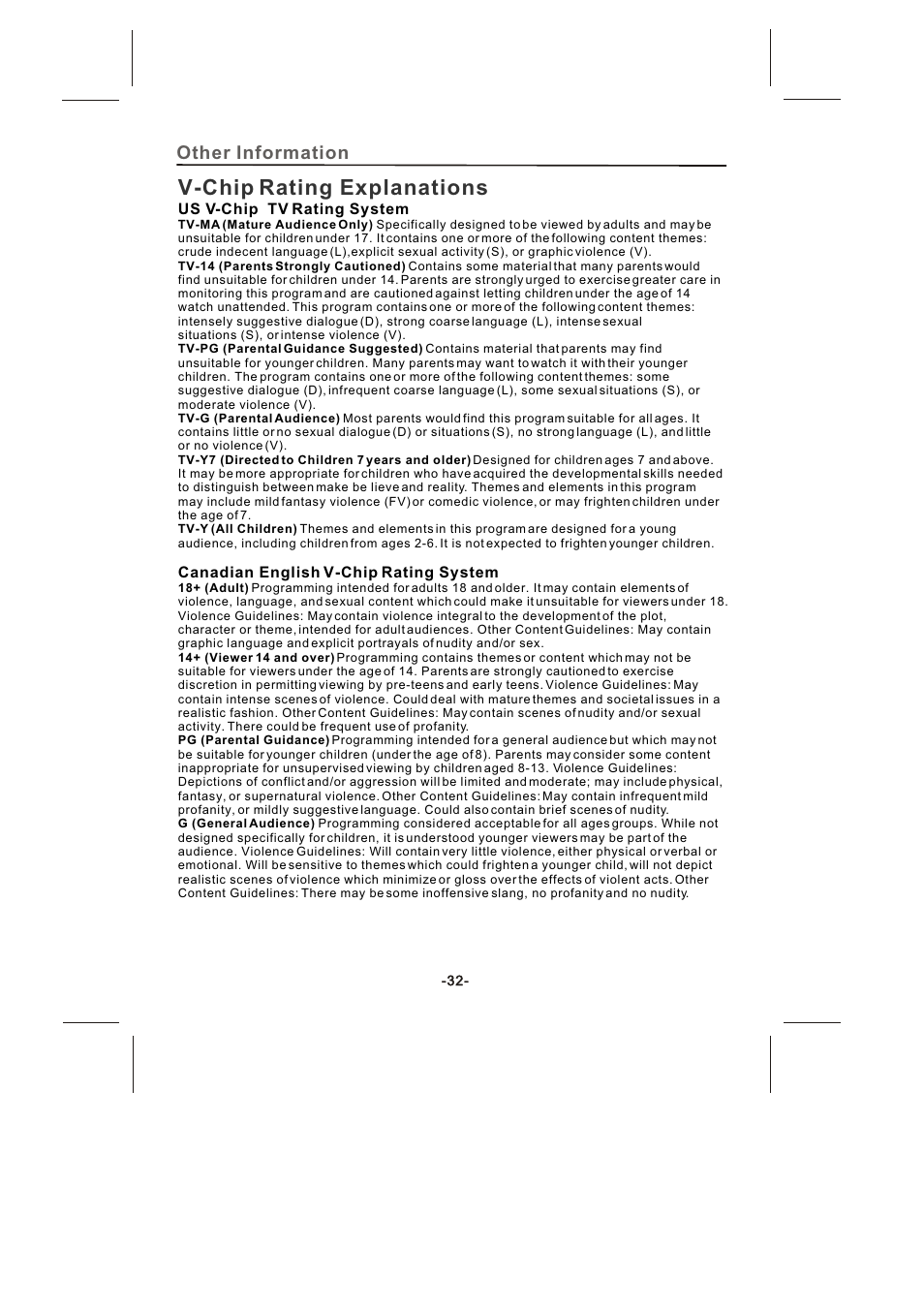 V-chip rating explanations | Skyworth SLTV-2632A-2 User Manual | Page 33 / 37