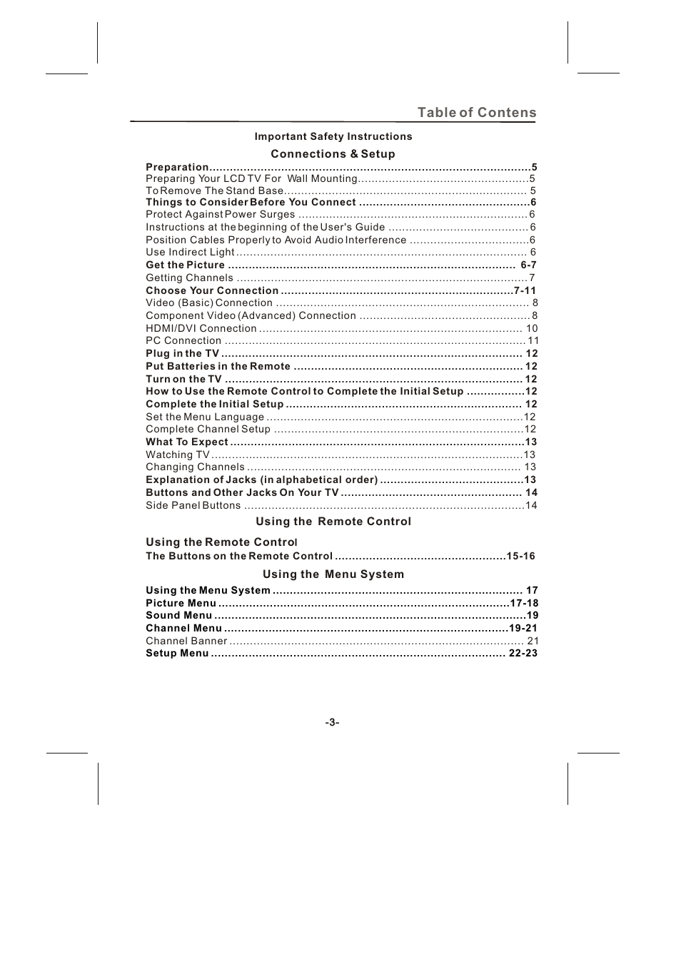 Table of contens | Skyworth SLTV-2632A-2 User Manual | Page 4 / 37