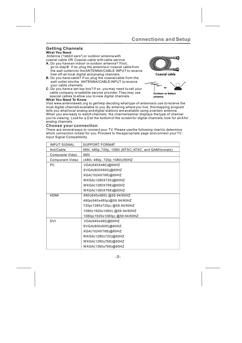 Connections and setup | Skyworth SLTV-2632A-2 User Manual | Page 8 / 37